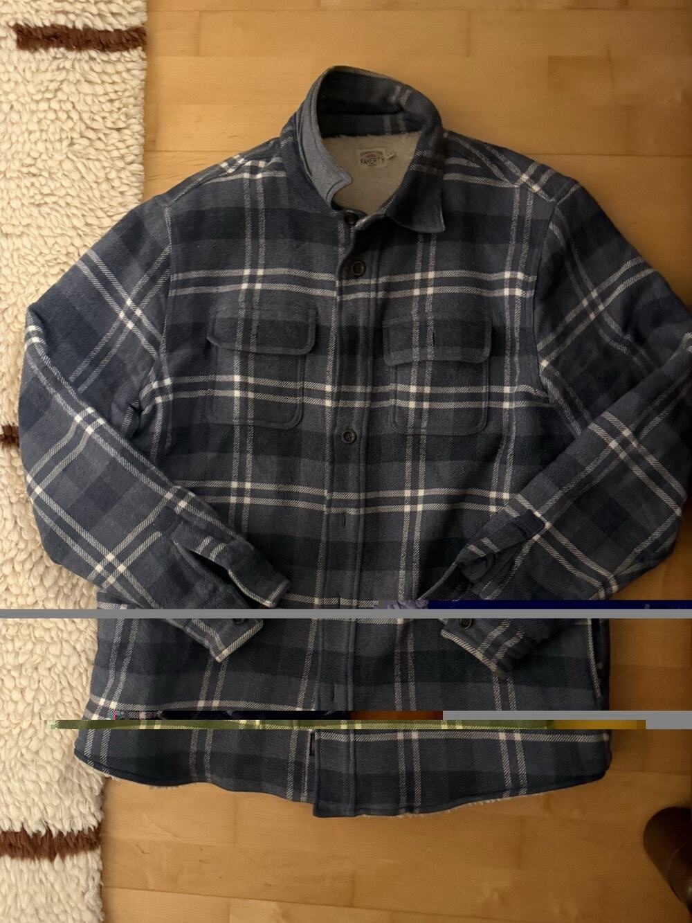 Faherty JACKET MEN Sherpa Lined FLANNEL NAVY Grey PLAID Buttons Jacket XL